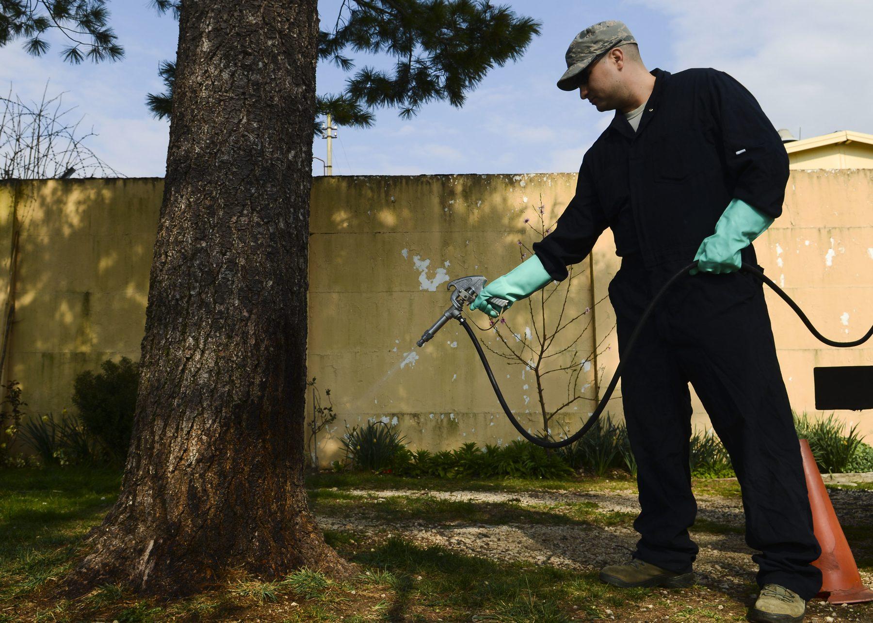 Pest control technician treating a property