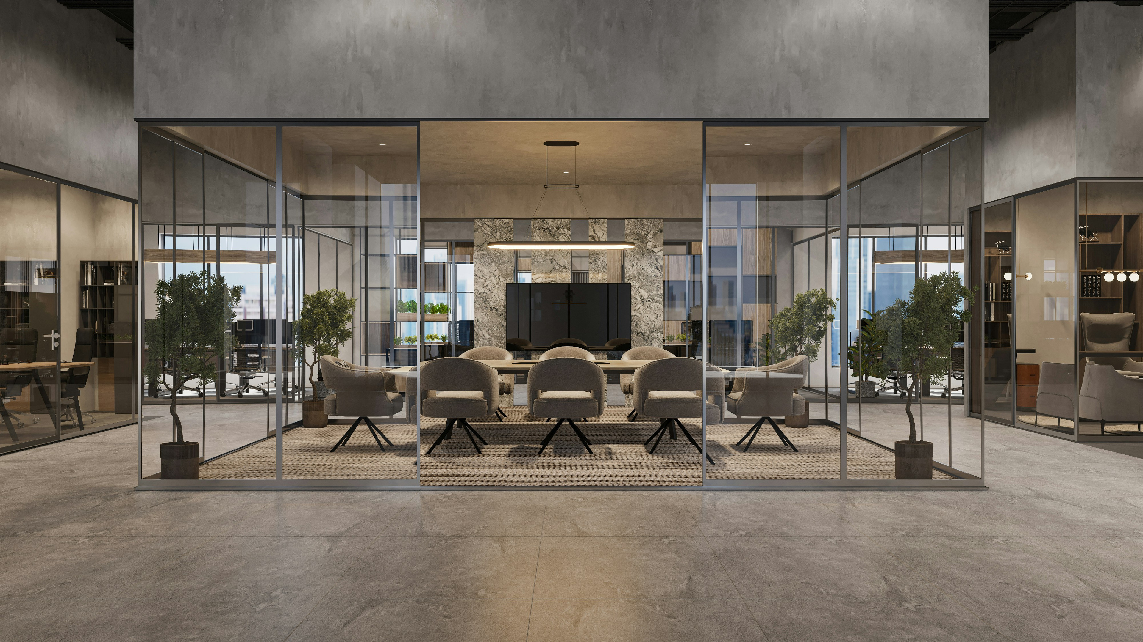 A modern, spotless commercial office with a glass-walled boardroom